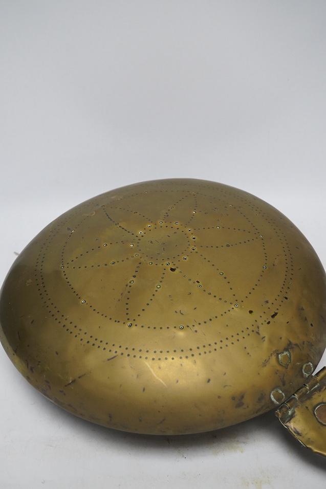 A 17th century brass and iron warming pan, 112cm. Condition - poor